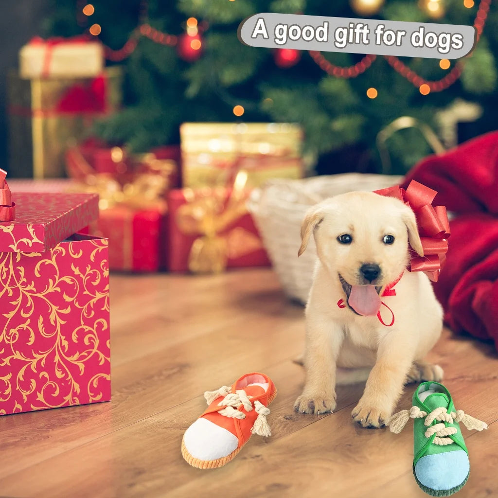 2PCS Durable Dog Shoe Toys, Interactive Squeaky Chew Shoes Toy for Puppy, Orange and Green