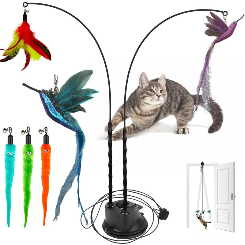 2 Wands with Base &2 Wands with 6 Feather Interactive Cat Toy Set