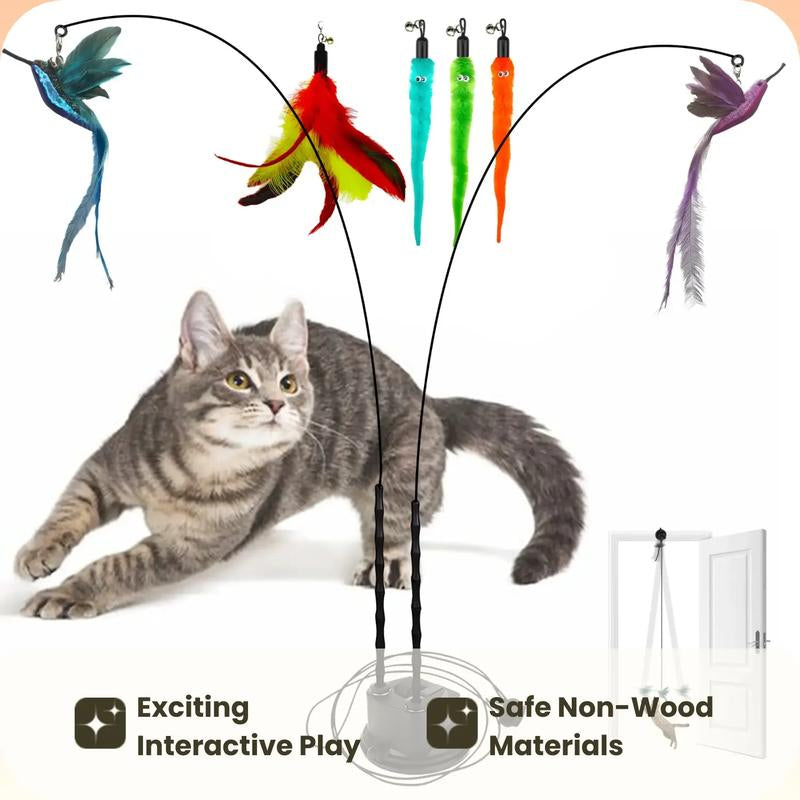 2 Wands with Base &2 Wands with 6 Feather Interactive Cat Toy Set