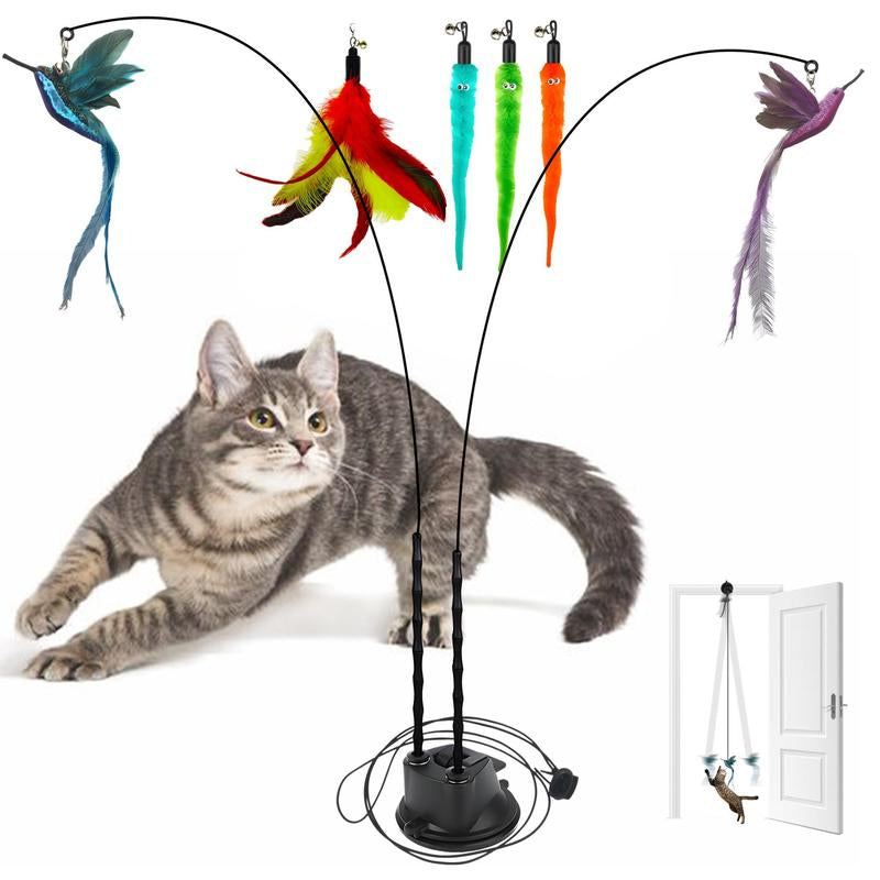 2 Wands with Base &2 Wands with 6 Feather Interactive Cat Toy Set